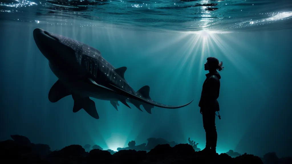 Silhouette of a person in front of a massive blue whale shark tank at the Georgia Aquarium.