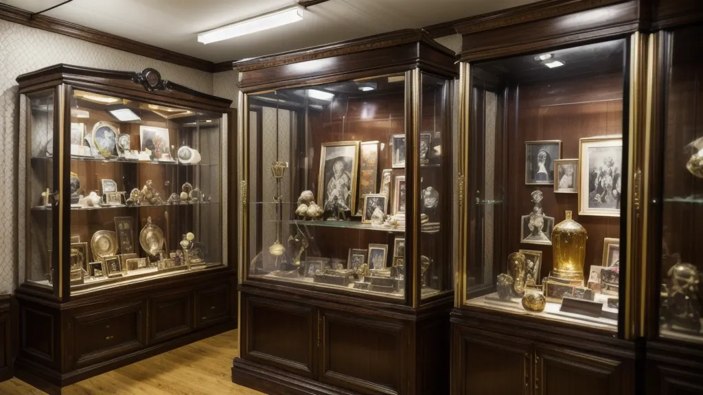 Crowded museum interior with reflections on glass display cases showing vintage memorabilia.