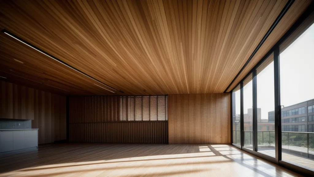 Dramatic shadows and curved wooden walls inside the National Center for Civil and Human Rights.