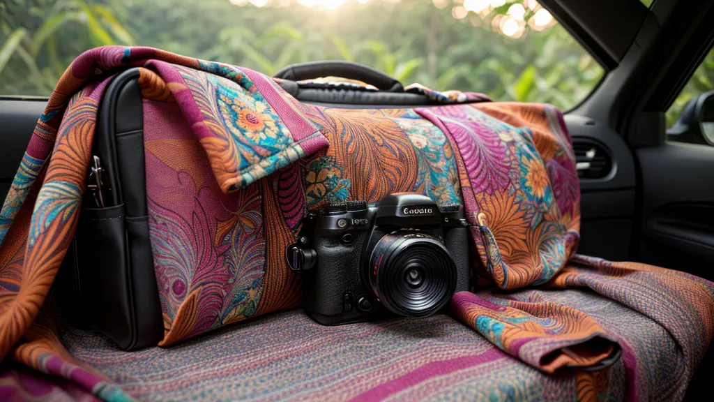 Professional camera gear and a Balinese sarong in the back of a private car.