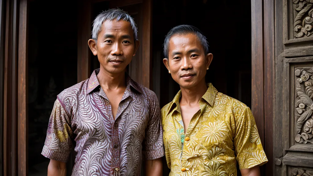 A local Balinese driver waiting by his car near a traditional stone temple.