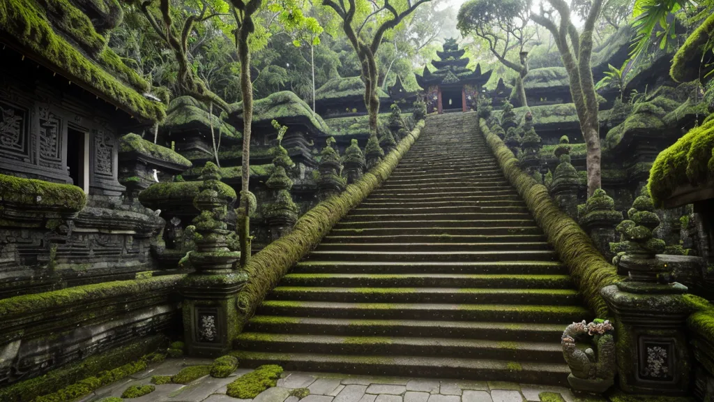 Moss-covered stone stairs of a Balinese temple in soft afternoon light.