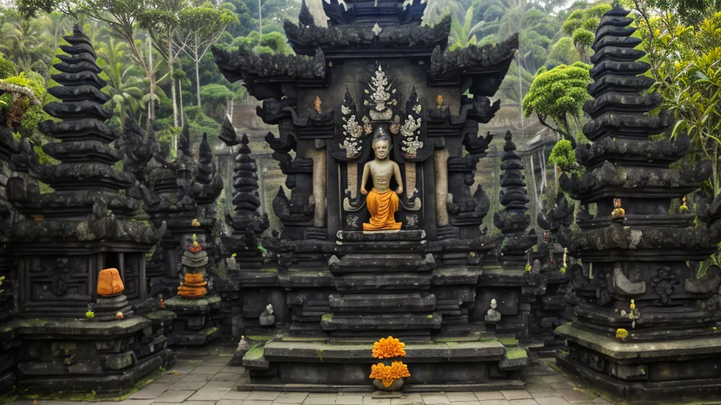 A peaceful and secluded Balinese shrine surrounded by lush tropical jungle greenery.