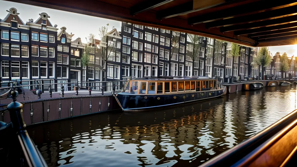 Camera gear on a boat seat with blurred Amsterdam canal houses background