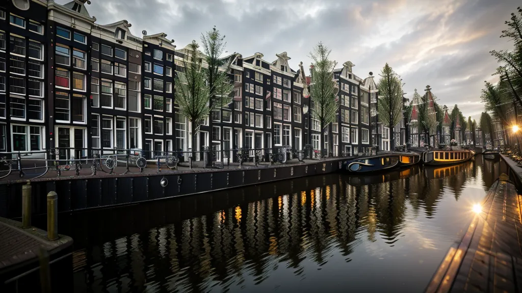Water-level view of multiple arched stone bridges in an Amsterdam canal