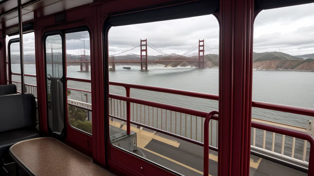 The San Francisco skyline framed by Golden Gate Bridge cables at sunset.