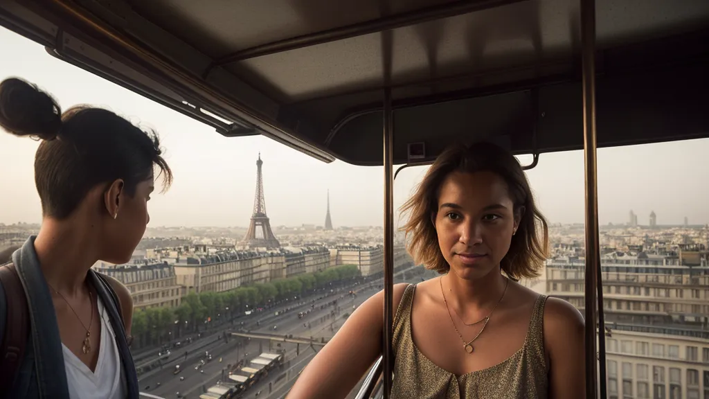 Professional camera with a long lens resting on the railing of a moving bus in Paris