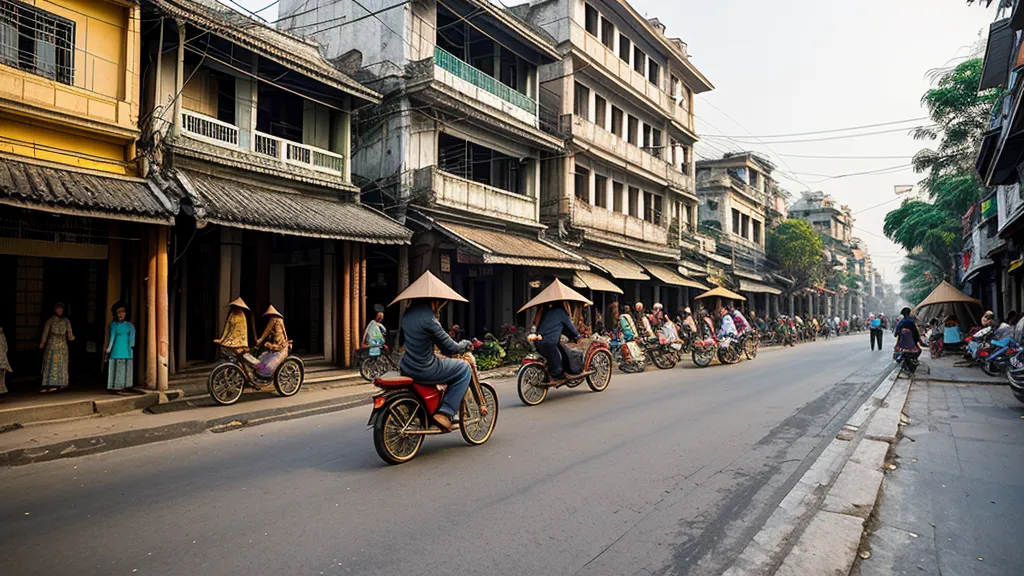 Close-up of a narrow alleyway with yellow walls and red lanterns in Hanoi.