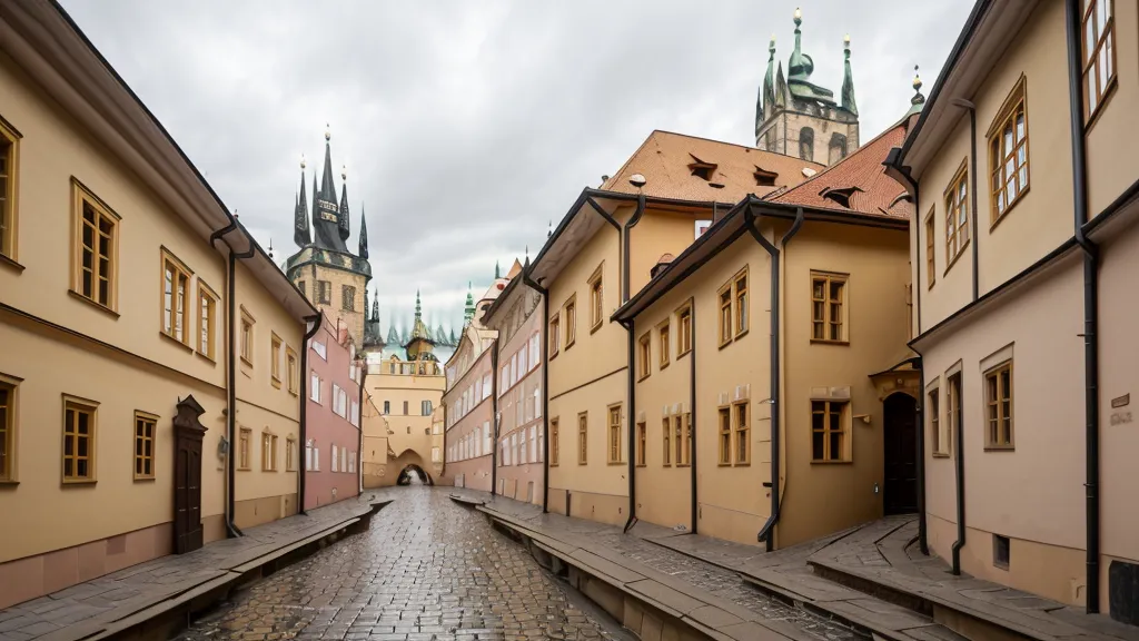 The colorful small houses of Golden Lane in Prague Castle without crowds