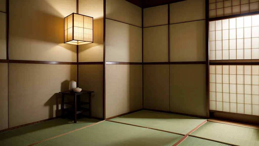 Close-up of traditional tatami mat texture and a shoji paper screen in soft light.