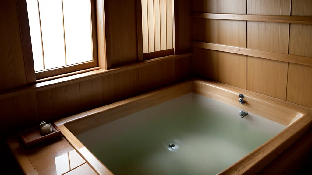 A traditional hinoki cypress wood bathtub with steam rising in a dim room.