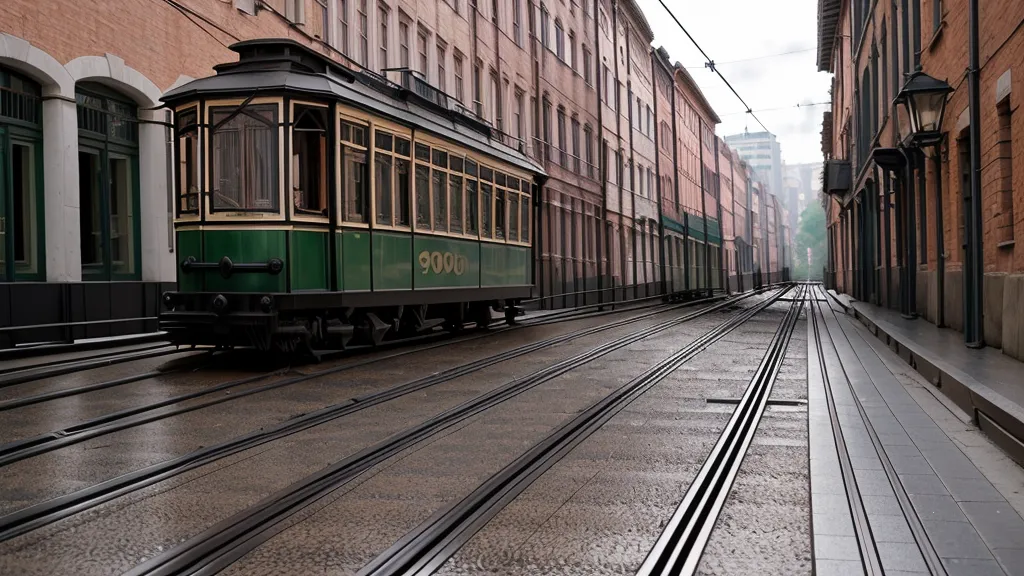 Close-up of narrow tram tracks on a cobblestone street in Lisbon's Alfama district