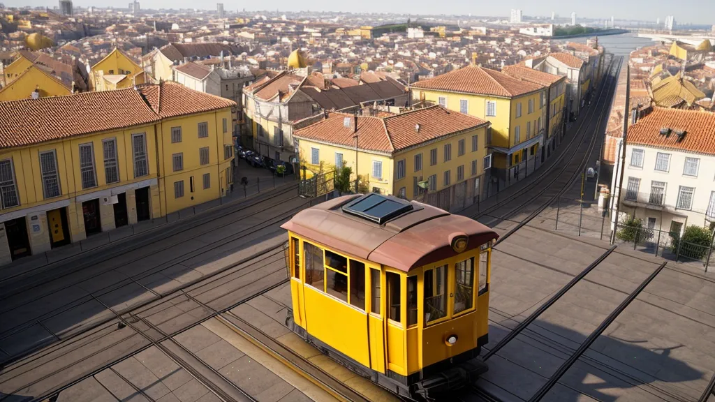 High angle view of a Lisbon tram passing through the Portas do Sol viewpoint