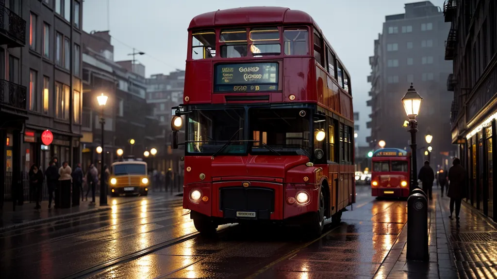 A camera lens framed against a London bus railing at night