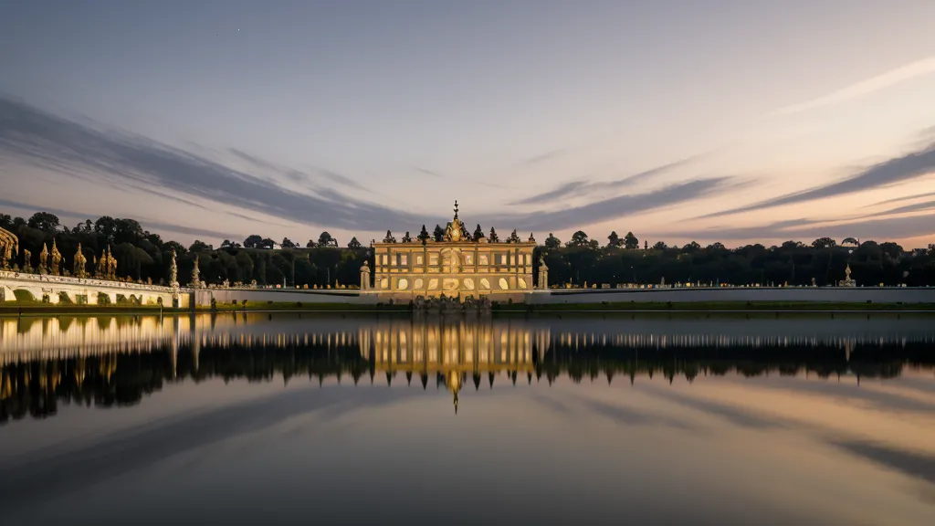 The Upper Belvedere palace in Vienna illuminated at dusk and reflected in a pond.