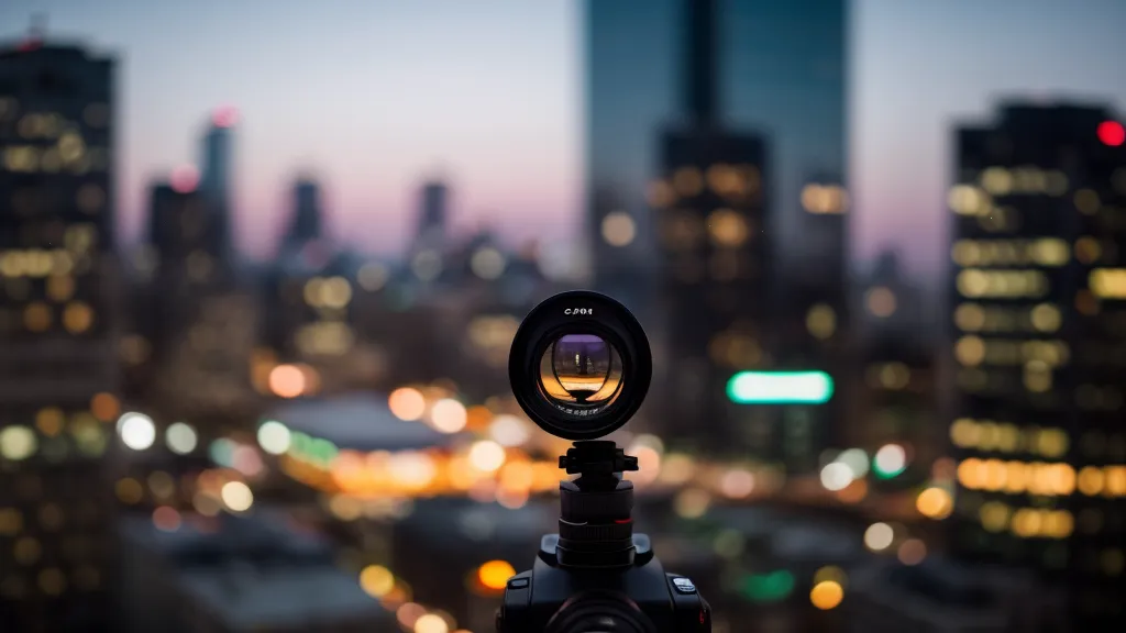 Camera lens braced against a glass window overlooking the Dubai city lights at dusk