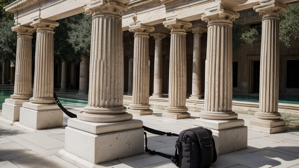 Close-up of a compact mirrorless camera and sling bag on a Roman marble fountain.
