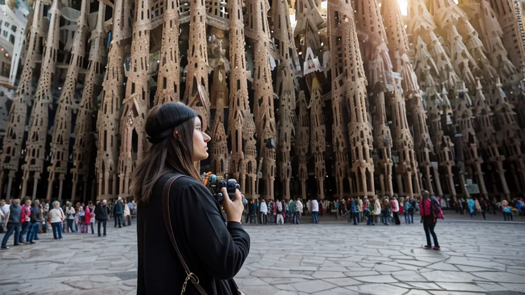 Colorful light from stained glass windows illuminating the interior columns of the Sagrada Familia.