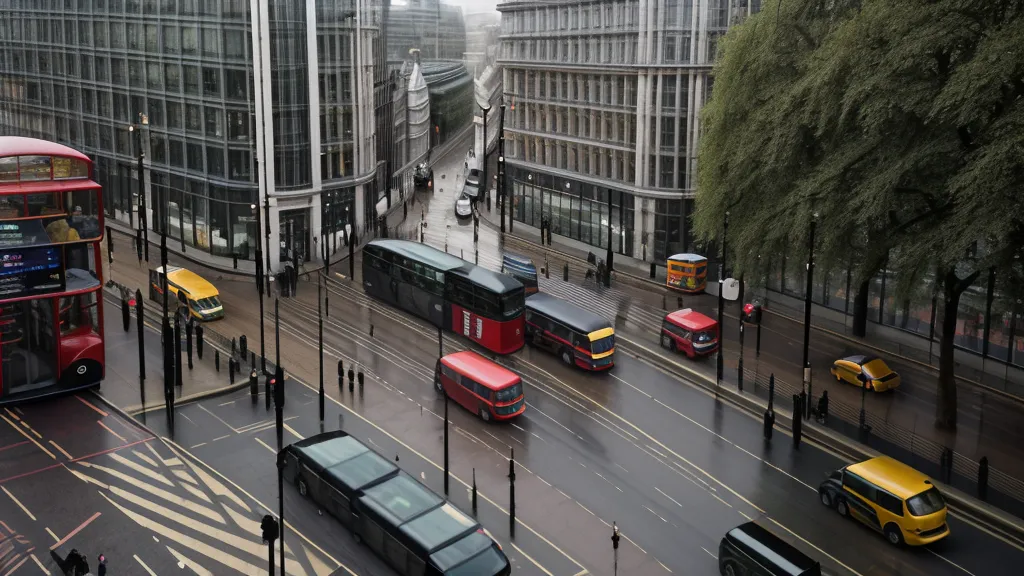 Point-of-view shot from the top of a London bus through a rain-streaked window.