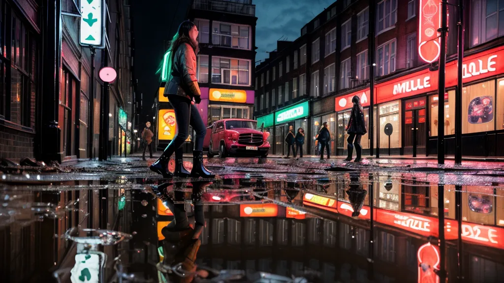 Neon light reflections in a street puddle on a rainy London night.