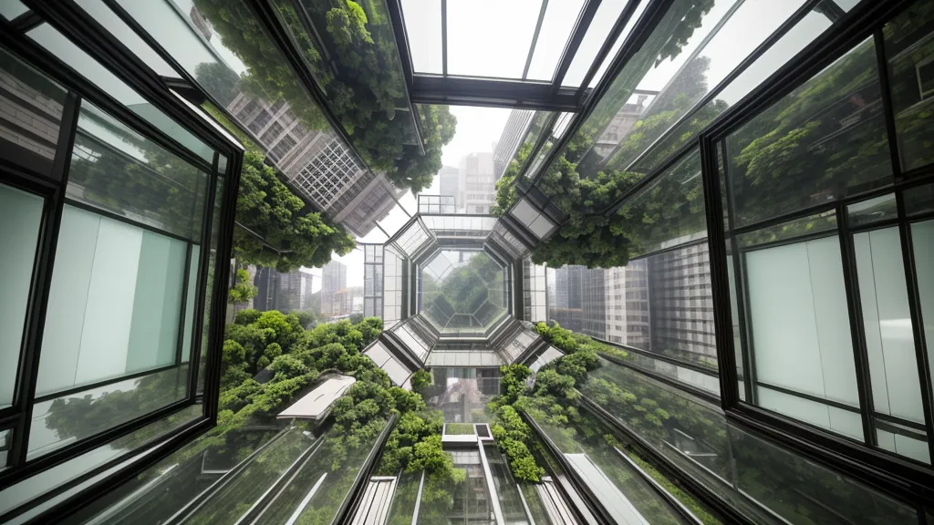 Looking down through the revolving glass floor at the Space Needle