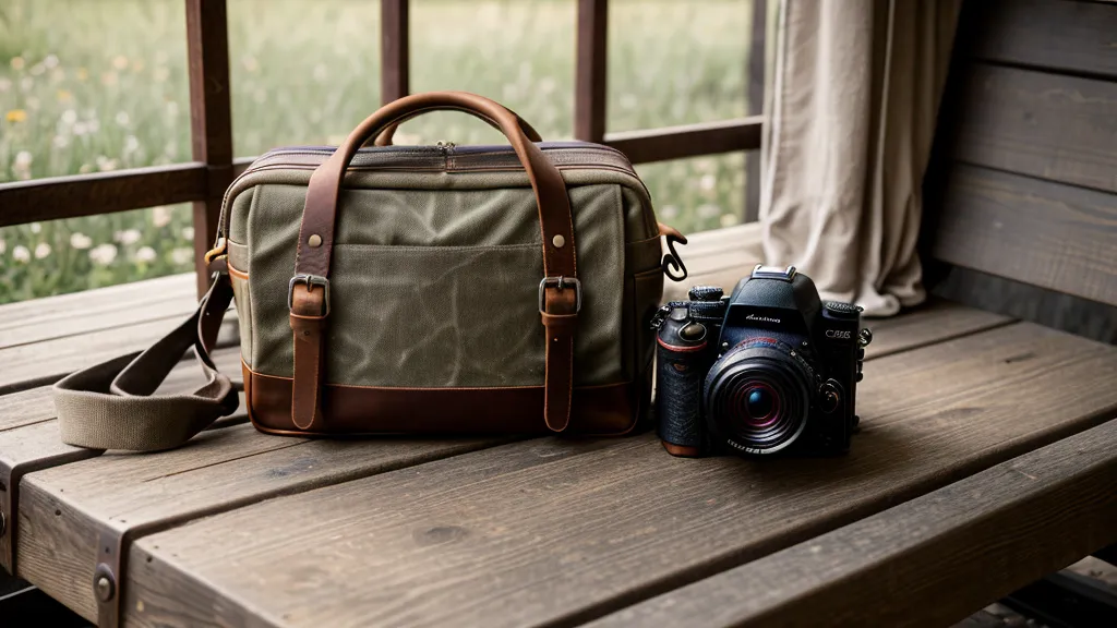 A photographer's gear bag resting at the Seattle Center near Chihuly Garden
