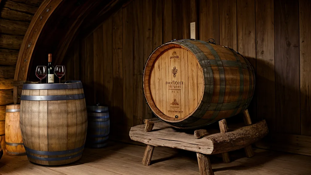 Close-up of an aging wine barrel in a traditional dark stone cellar