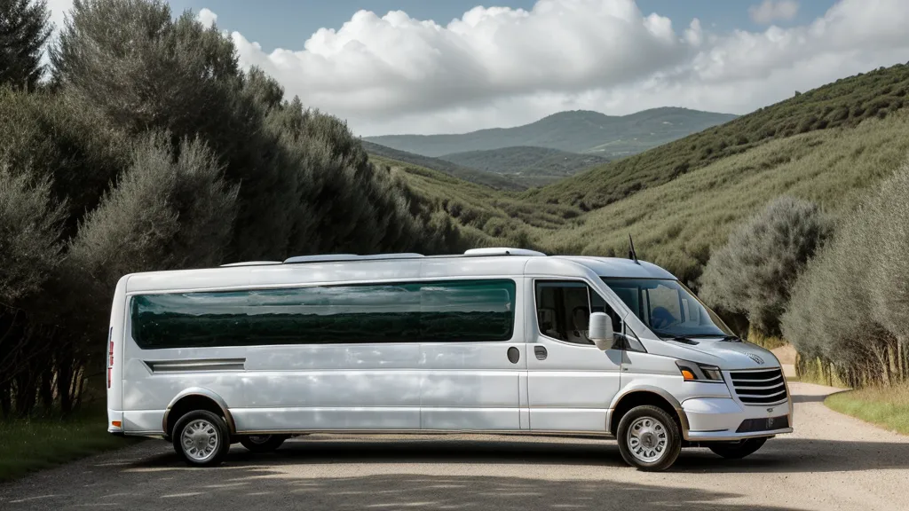 Small tour van on a narrow dirt road lined with cypress trees in Tuscany