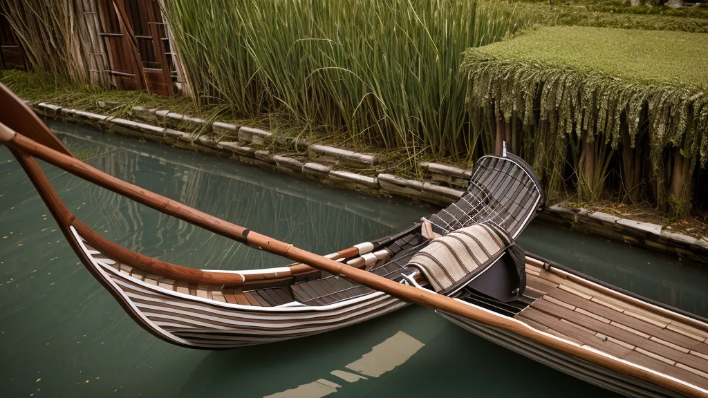 Close up of a gondola oar hitting a mossy brick wall in a narrow canal.