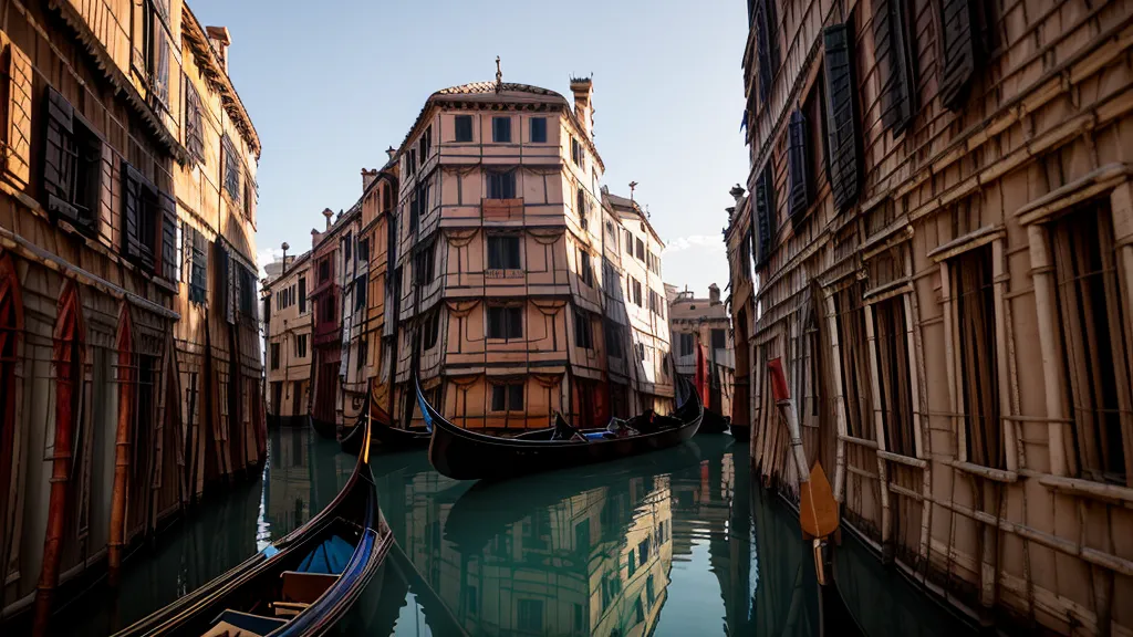 View from a gondola seat looking into an empty back canal in Venice.