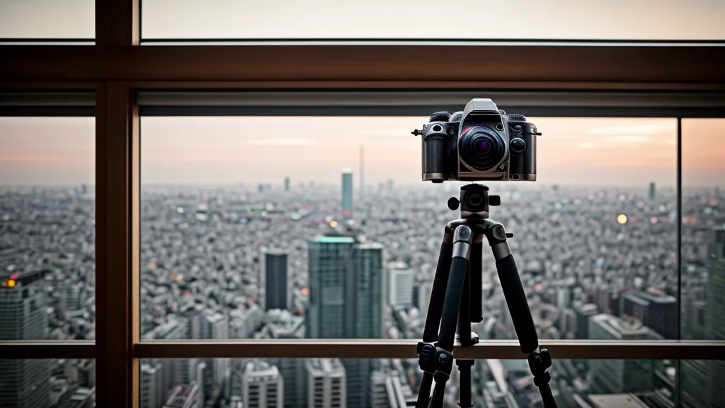 A camera on a tripod set up in a Tokyo hotel room for street photography
